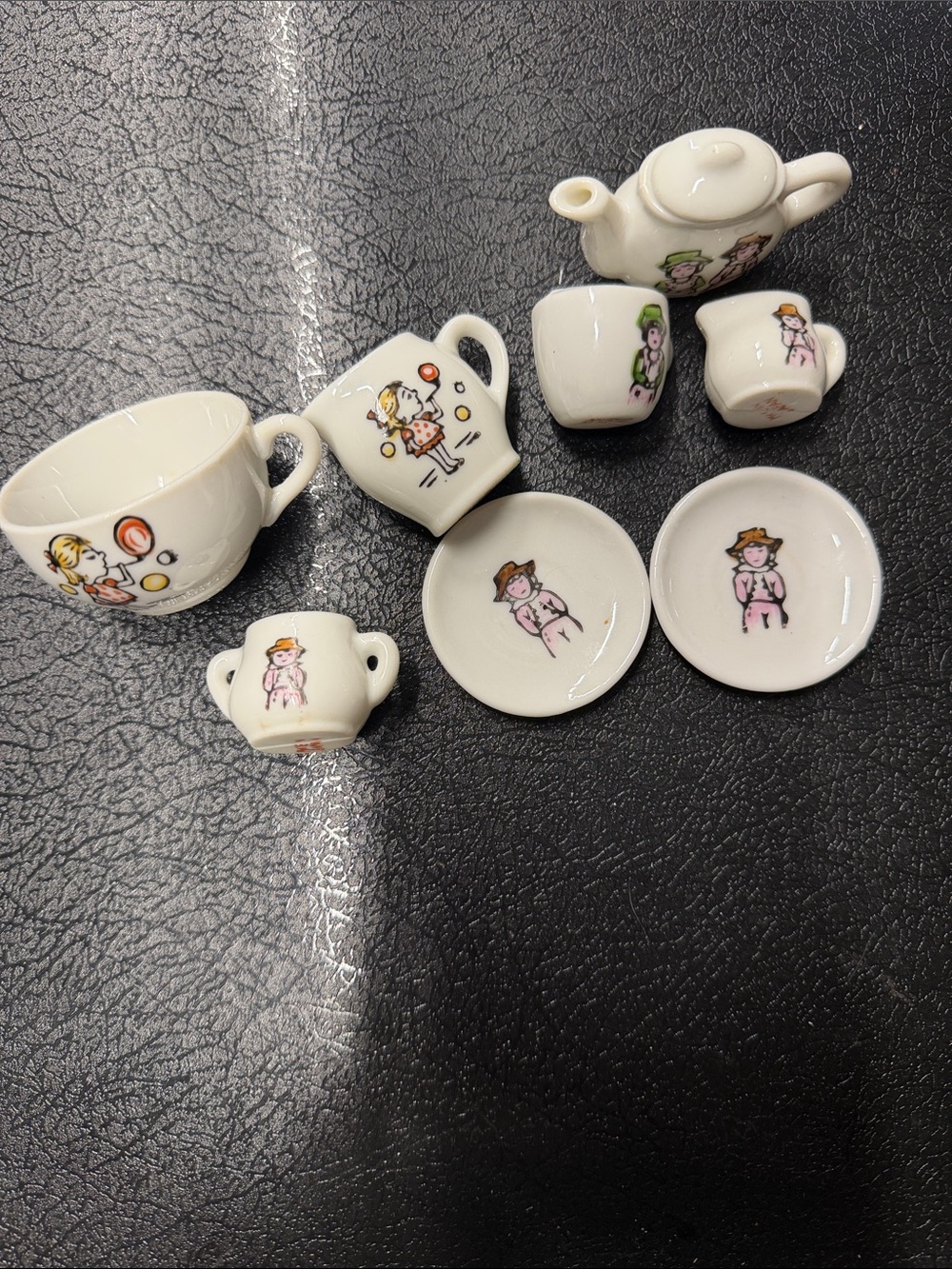 Miniature Ceramic Tea Set with Hand-Painted Figures - Cream & Pink